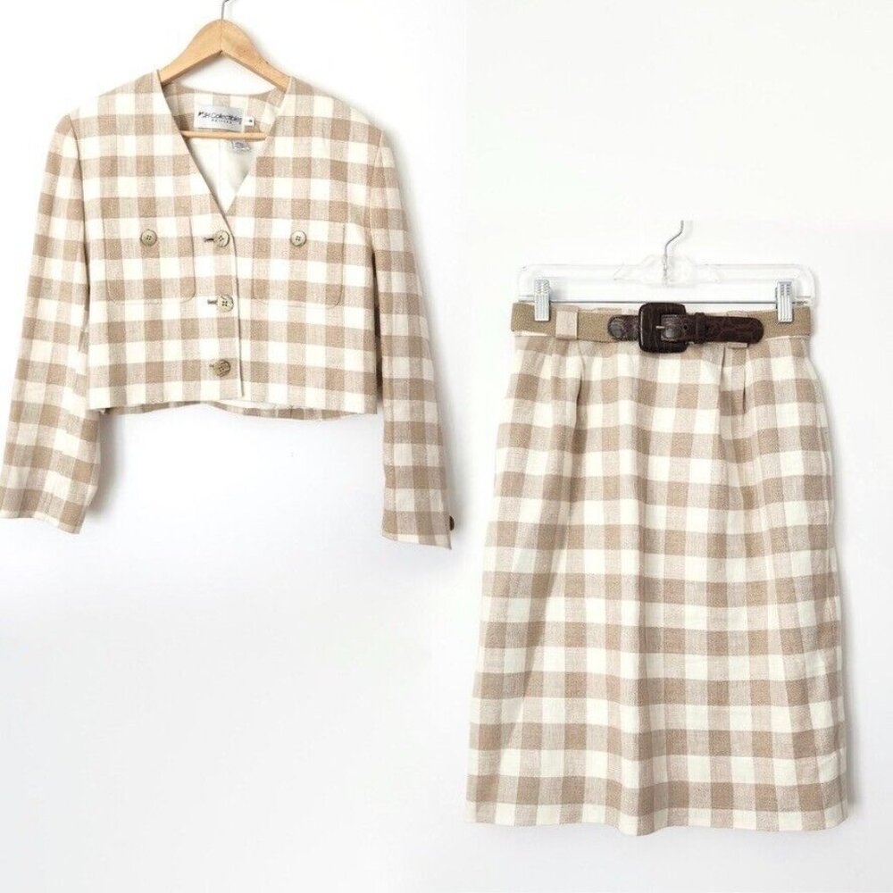 Vtg 70s Plaid Skirt Set Sz 10 Tan Jacket Union Made Linen JH Collectibles ILGWU